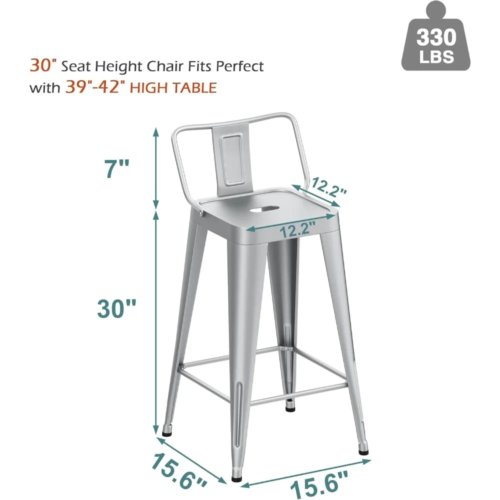 مجموعة مقاعد بار معدنية فضية داخلية/خارجية مكونة من 4 قطع، كراسي ذات ارتفاع مضاد للحانات وجزر المطبخ #2