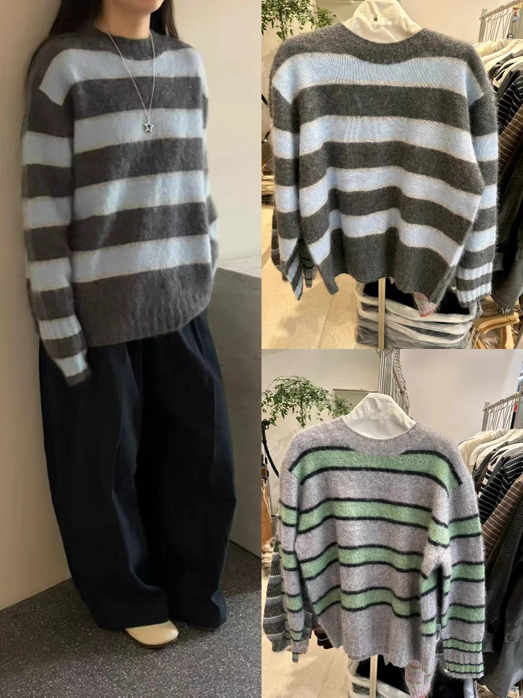 سترة نسائية محبوكة فضفاضة مستديرة Ne شريطية اللون Blo Dongdaemun Sle لينة مريحة كسول بلوزة الخريف Faion السيدات تريكو #1