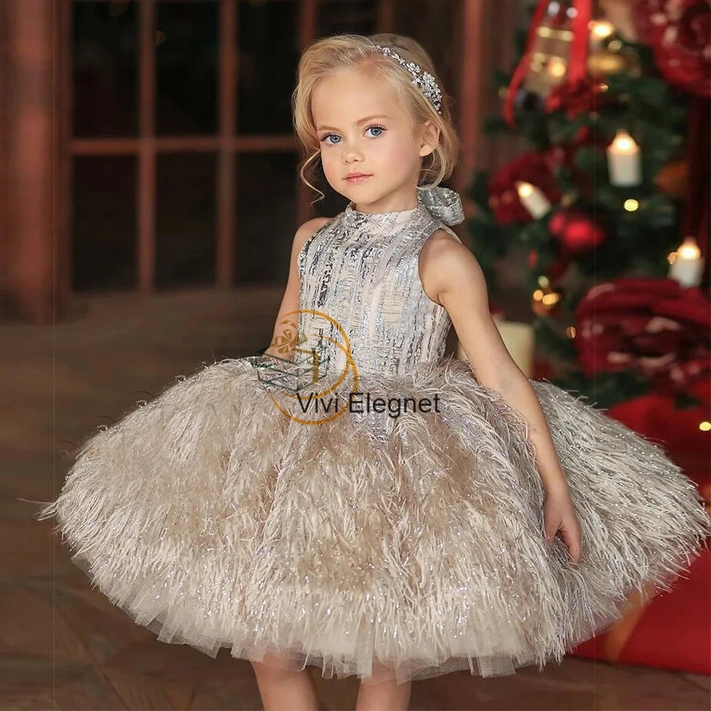 Vestidos de menina de flor Chamring sem mangas com gola alta recém-chegados na altura do joelho 2025 vestido de Natal de verão فسات mire