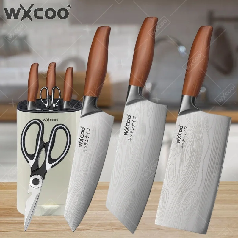 WXCOO Stainless Steel Chef Knife Laser Damascus Pattern Household Kitchen Fruit Knife Slicing Scissors Cleaver Holder