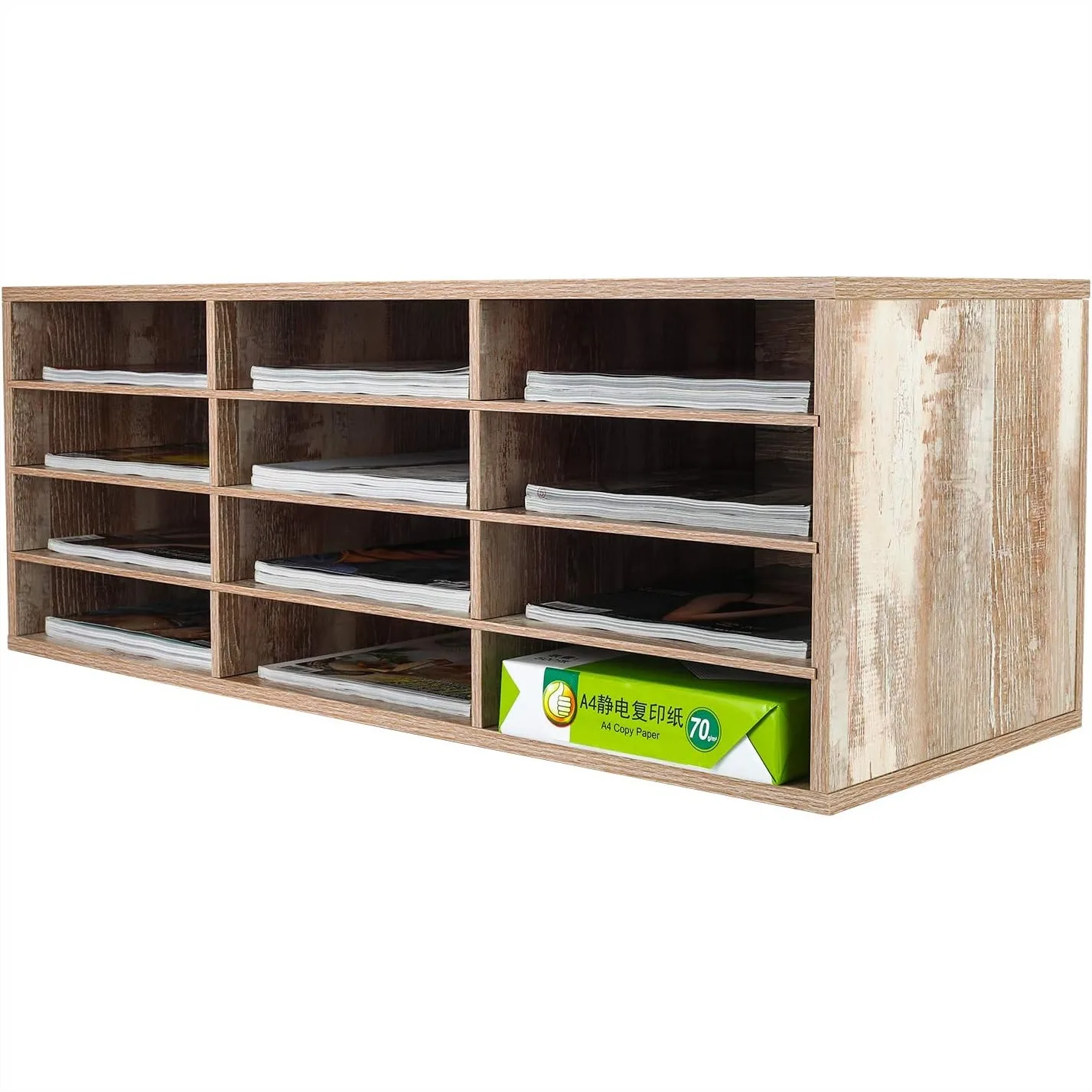 

PAG Mail Sorter 12 Compartment Wood Countertop Literature Organizer for Classroom Office Home, Retro White