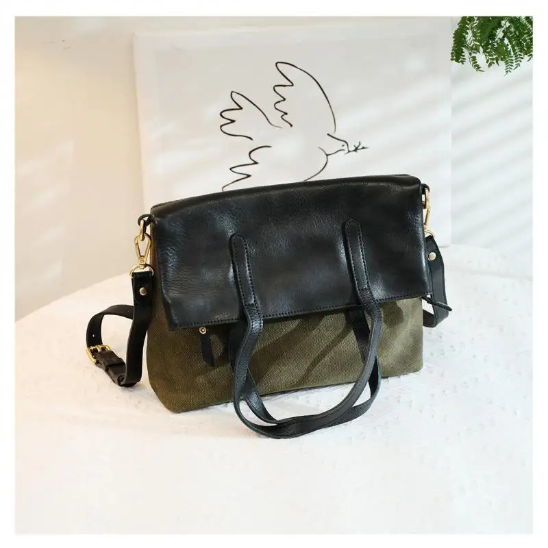 

outdoor work travel handmade canvas cow leather women's large-capacity shoulder bag casual vintage designer crossbody bag