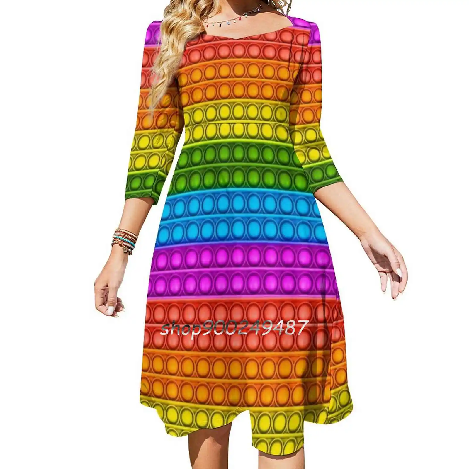 Pop It-Multicolored Sweetheart Knot Flared Dress Fashion Design Large Size Loose Dress Pop It Popit Fidget Birthday Fidget