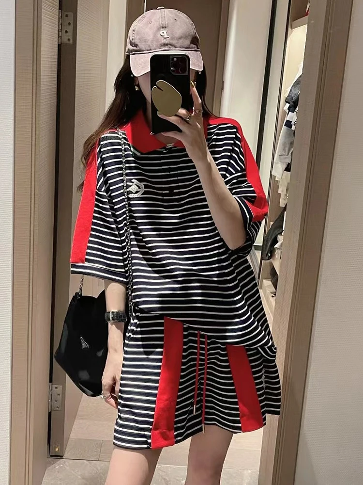 Striped Casual Sports Suit Womens Short Sleeves 2 Piece Sets Women Outfit 2024 New Vintage Stitching Top Shorts Suits Y2K Street