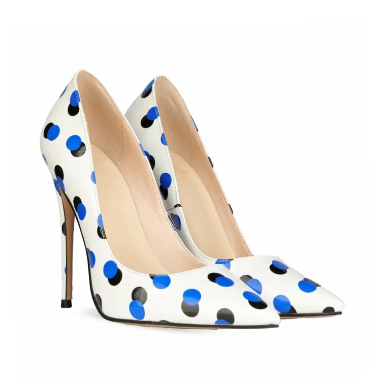 Polka Dot Patent Leather Pointed Toe Stiletto Pumps Slip On Shallow Mouth Women Statement Party High Heels F646