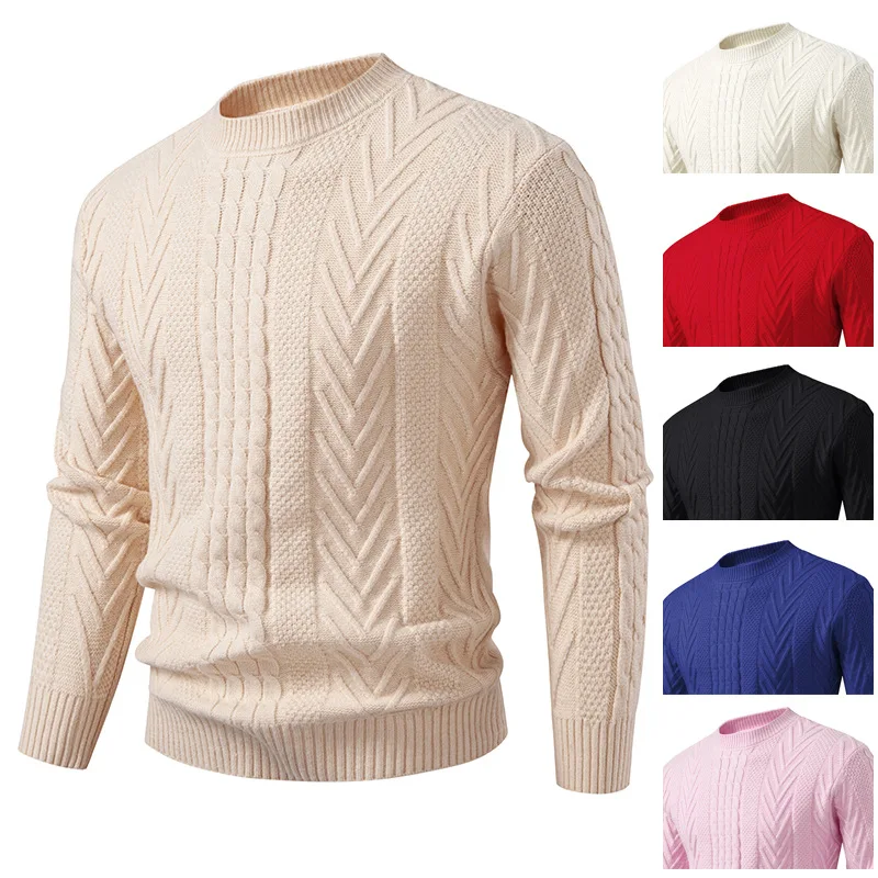 New Autumn Winter Cable Knit Crew Neck Sweater Men's Solid Casual Warm Pullover Thermal Top