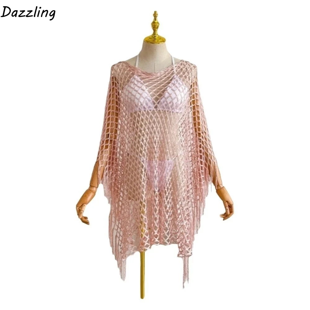 Breathable Tassel Sunscreen Cover-up Loose Fit Plus Size Bohemian Shawl Crochet Casual Fishnet Swimsuit Cover Up Summer