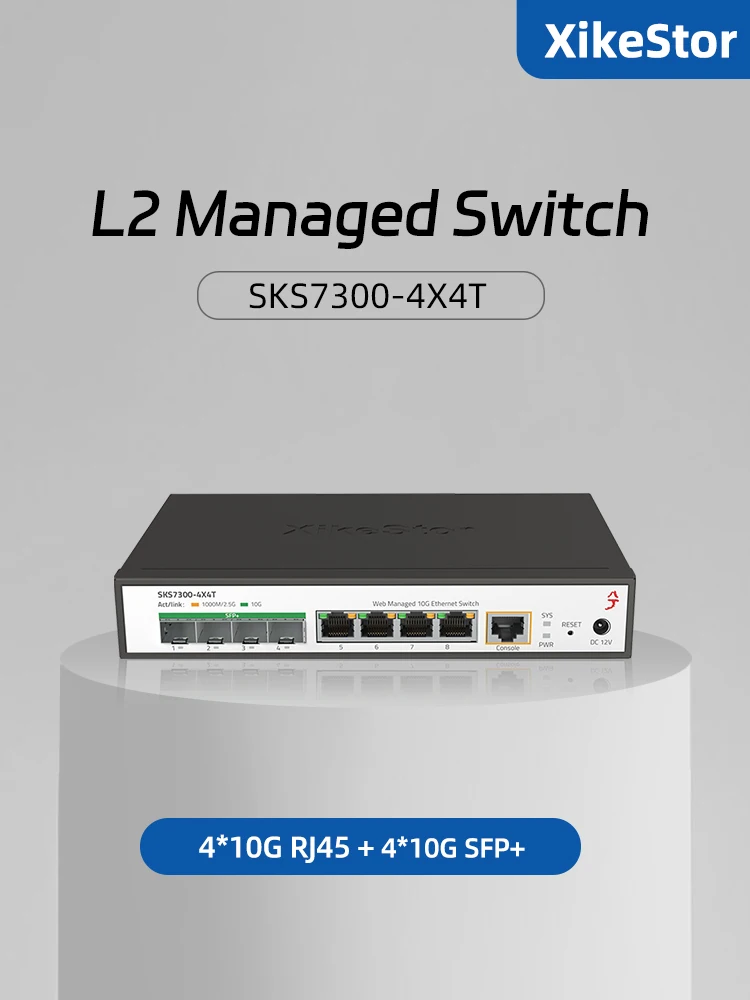 XikeStor 8 Ports 10G  L2 Managed Switch 4-Port 10G RJ45 4-Port 10G SFP+Ethernet Switch 10G High-speed+Support VLAN Division/LACP