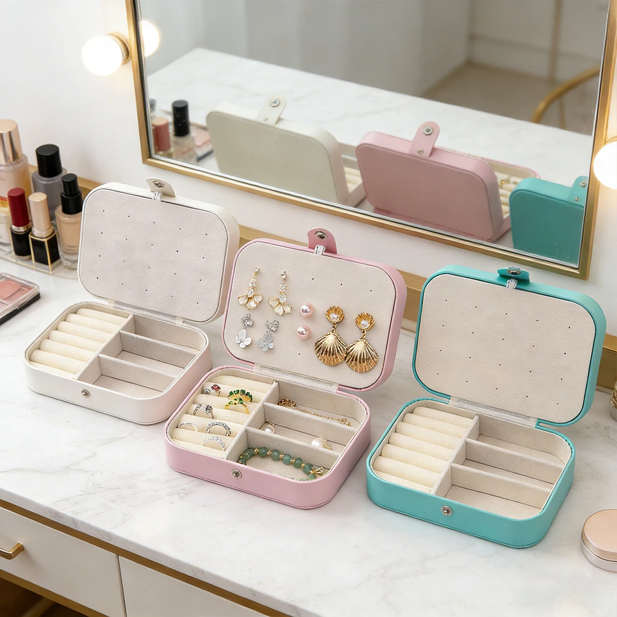 

Портативная шкатулка для украшений с несколькими отделениями и бархатной подкладкой - дорожный органайзер для аксессуаров розового цвета