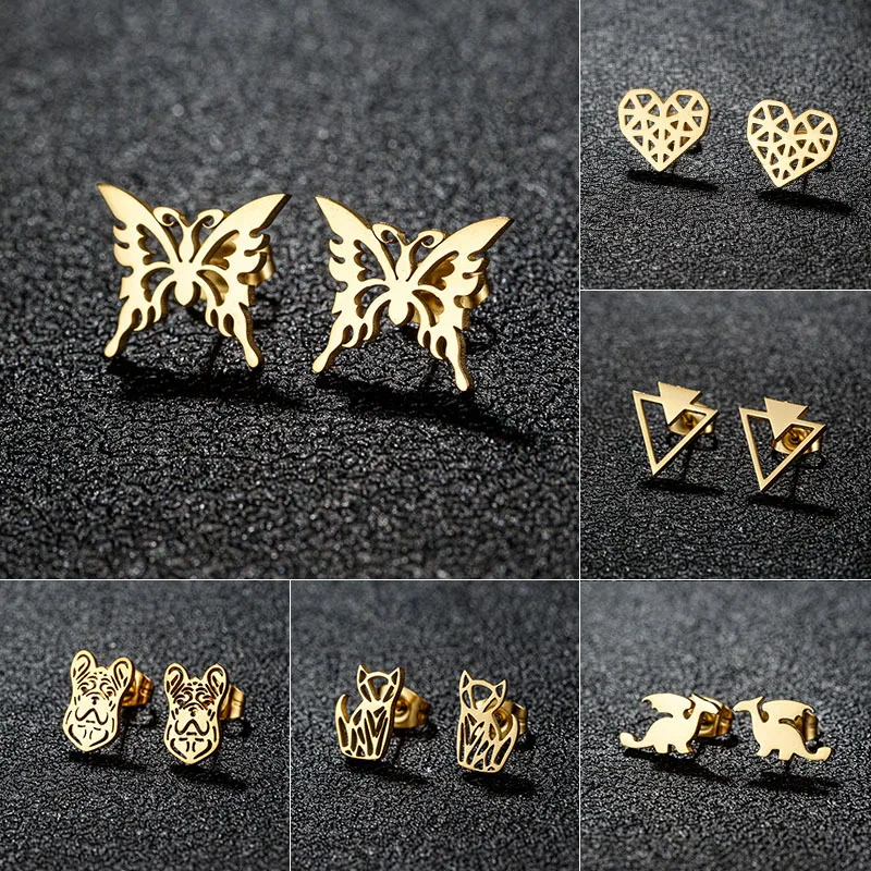 DIY accessories 2025 New Stainless Steel Cute Animal Hollow Origami Fox Butterfly Feilong Earrings Fashion Versatile Earrings