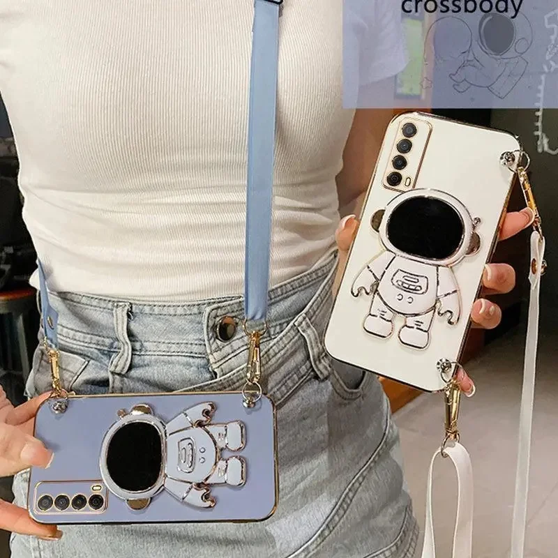 Crossbody Lanyard Astronaut Bracket Plating Case for Huawei P smart 2021 Y7a Coque Silicone Cover