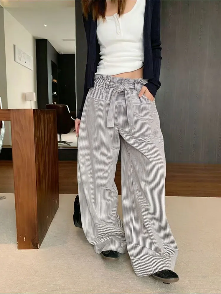 

NUOMICI Women's Pants Stripe Mid Low Waist Waistline Tie Wide Leg Loose Sports Kpop Hip-hop Street Pants Fashion Unique Clothes