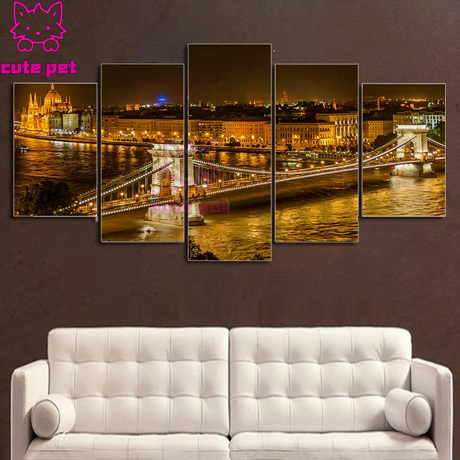 5D diamond painting Elizabeth Bridge Cross stitch Night View Pictures 5Panel Hungary City Home Decor mosaic art embroidery Decor