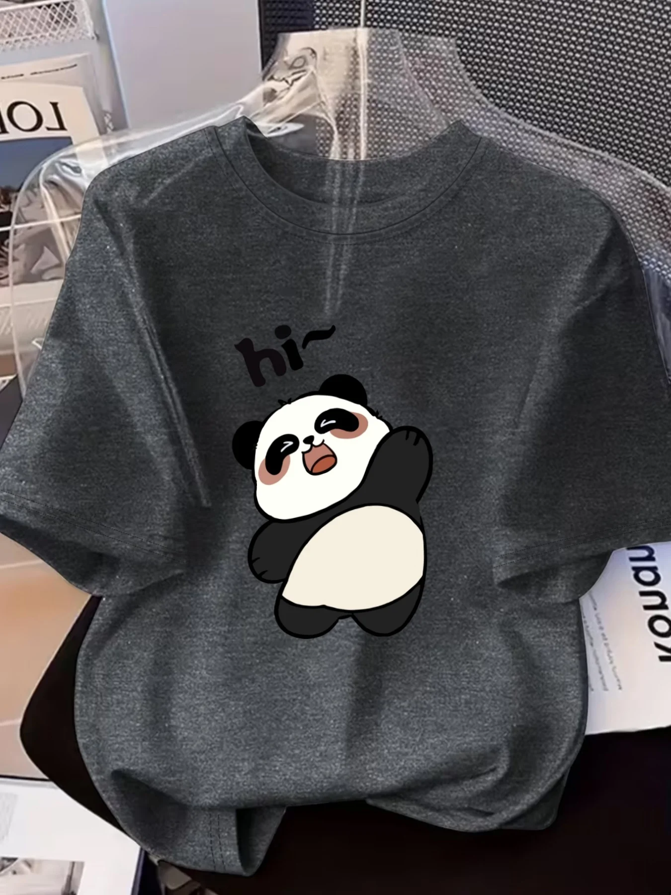Women's Short Sleeved T-shirt Waving Goodbye Panda Head Cartoon Print Soft Cute Casual Style Fun Printed T-shirt Comfortable