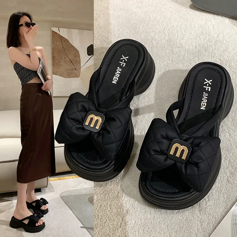 Infradito da spiaggia Casual 2024 nuovi sandali alti spessi pantofole con fiocco da donna capispalla estivi infradito da donna in edizione coreana