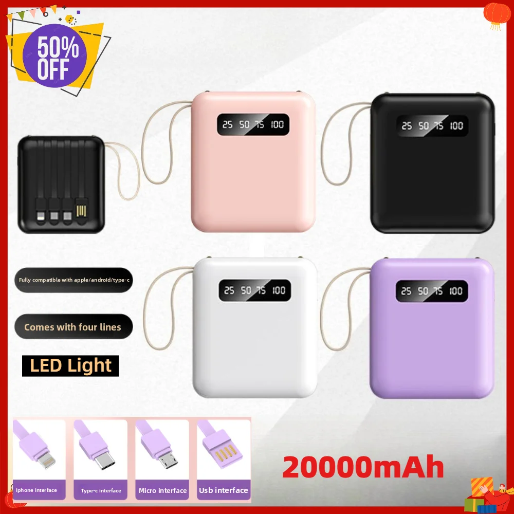 20000mAh Mini fast charging Power Bank Built-in 4 Cables Fast Charging Portable Charger for iPhone Huawei Samsung Xiaomi Vivo