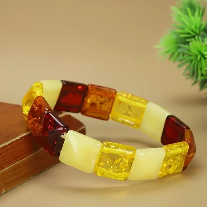 Second-generation Amber Beeswax Square Bracelet Multi-color Splicing Retro Style Daily Handicrafts