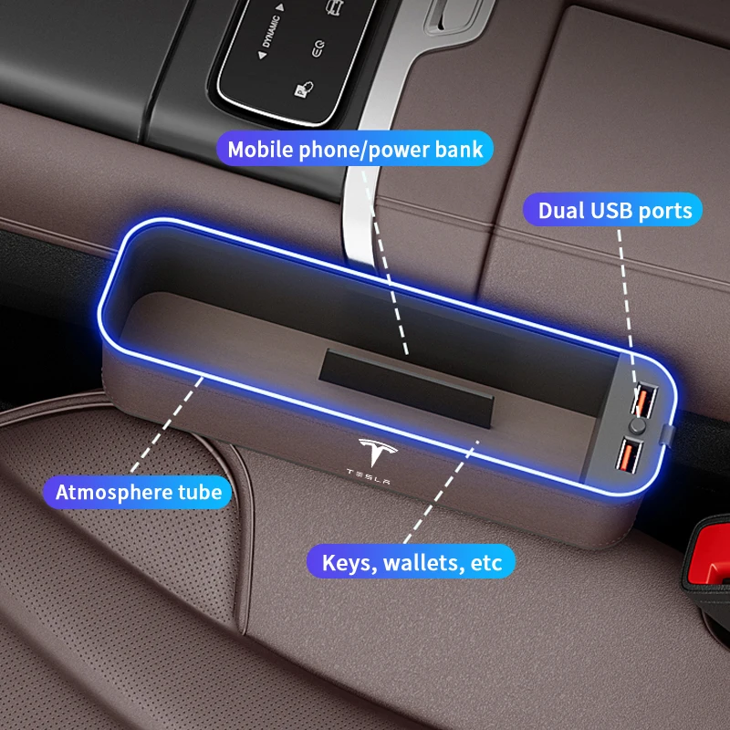 자동차 USB 충전 다기능 틈새 보관함 Tesla Cybertruck Roadster 모델 3 모델 Y 모델 S 모델 X 용 시트 갭 박스 썸네일 5