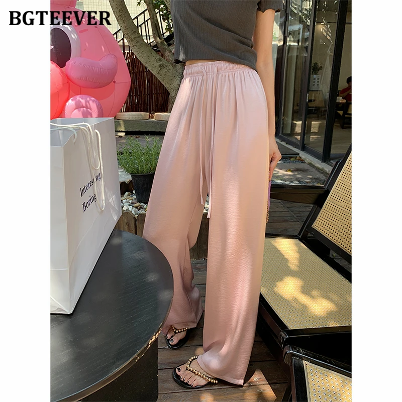 BGTEEVER Spring Summer Lace-up Elastic High Waist Ladies Floor-Length Straight Trousers Casual Loose Female Wide Leg Pants