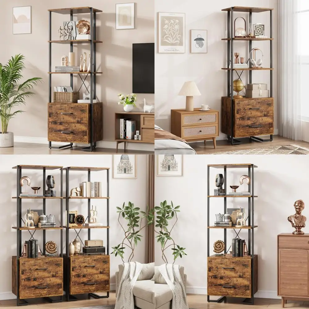 Libreria a 4 livelli alta 70,9 pollici con cassetti portaoggetti, espositori aperti per l'organizzazione del soggiorno