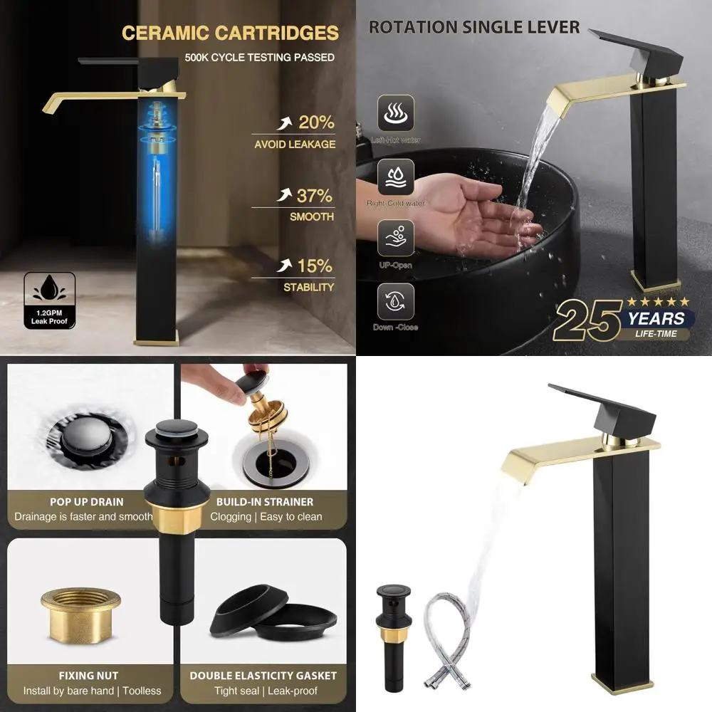 

Modern Black and Gold Single Hole Tall Bathroom Faucet with Pop-up Drain and Supply Hose, Stainless Steel Home Decor Upgrade