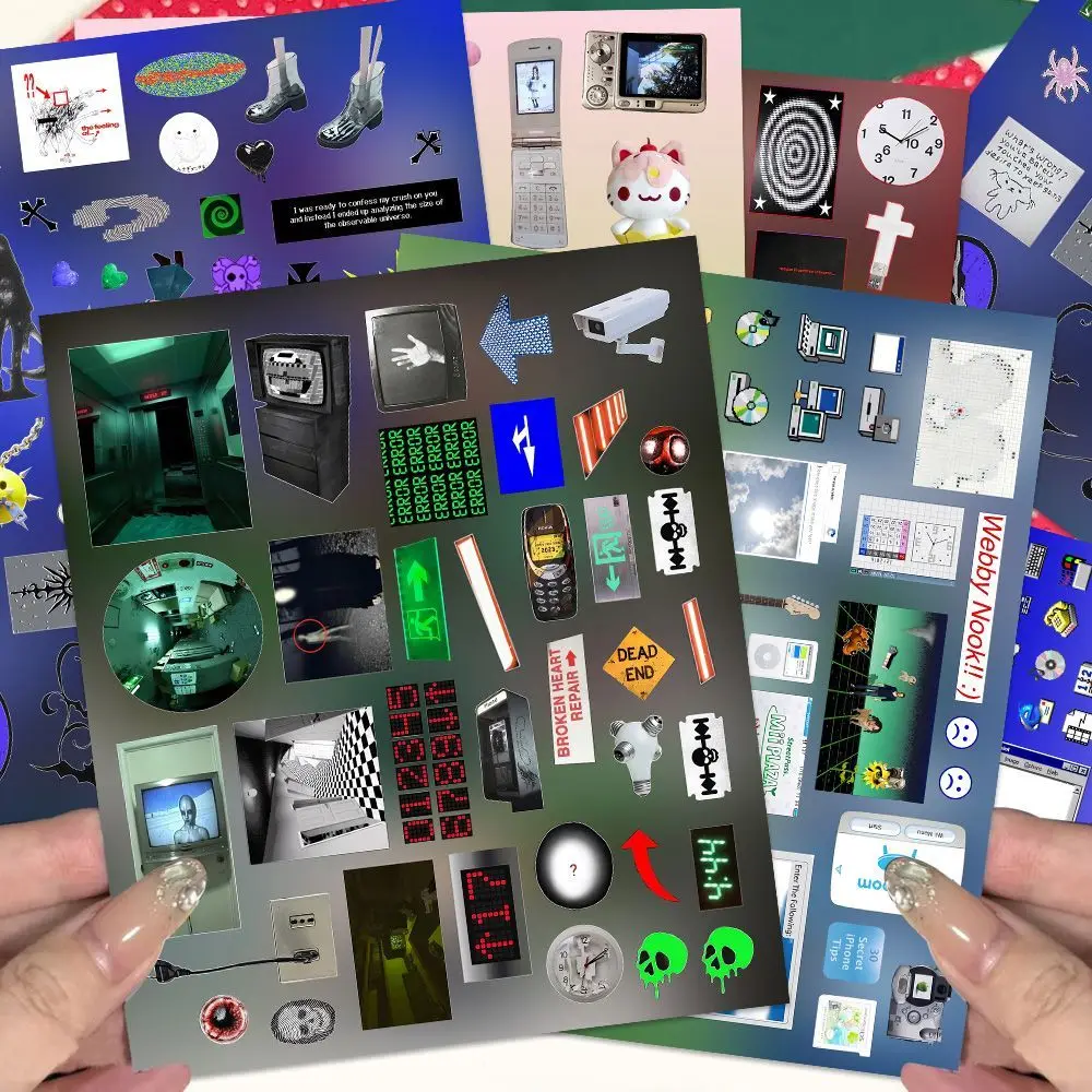 6 Hojas de Pegatinas Estilo Y2K Dreamcore Retro Weirdcore, Recortadas, para Sellos, Collages, Diarios, Álbumes de Recortes, Material para Diarios Creativos