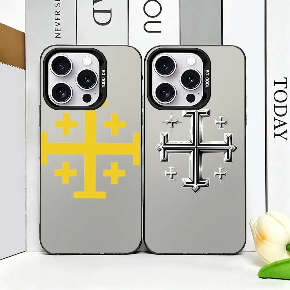 Funda Protectora Negra Antigolpes con Cruz de Jerusalén para iPhone 17, 16, 15, 14, 13, 12, 11 Plus, Pro Max, XS, con Interior Plateado