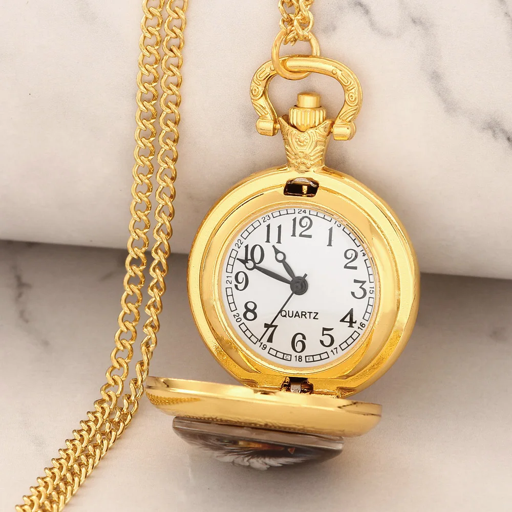 Vintage Golden Eagle Design Quartz Pocket Watch Women Men Necklace Unique Pendant Clock Watch Gift Accessories