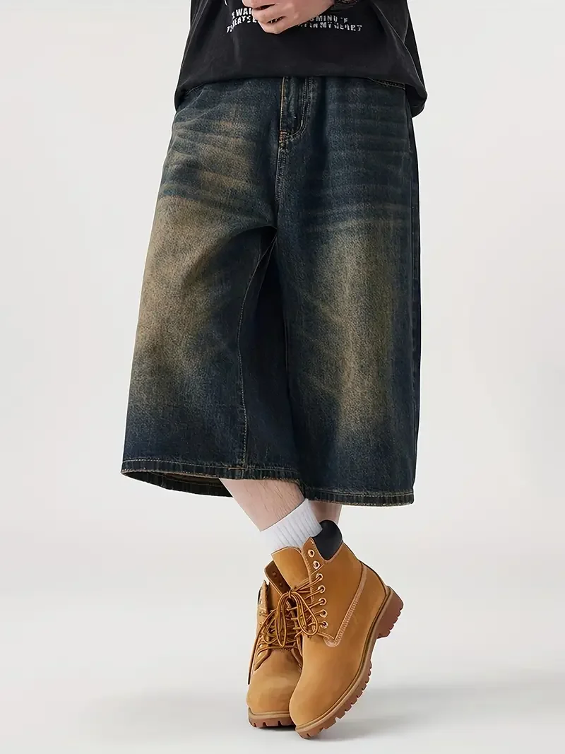 

Джинсовые американские потертые джинсовые шорты в стиле ретро, новые летние универсальные свободные широкие брюки, прямые расклешенные укороченные брюки