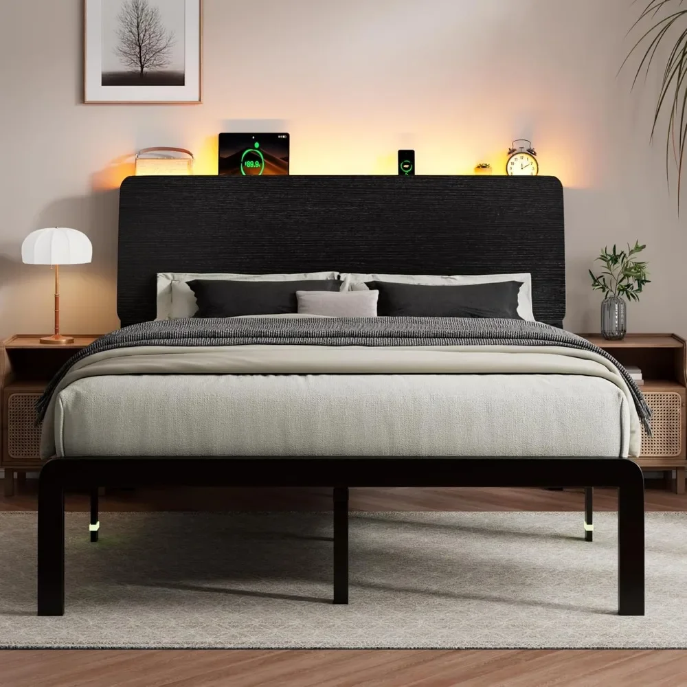 

Queen Size Bed Frame with LED Lights & Charging Station, Ergonomic Storage Headboard, Steel Slats Supports, Bed Frame