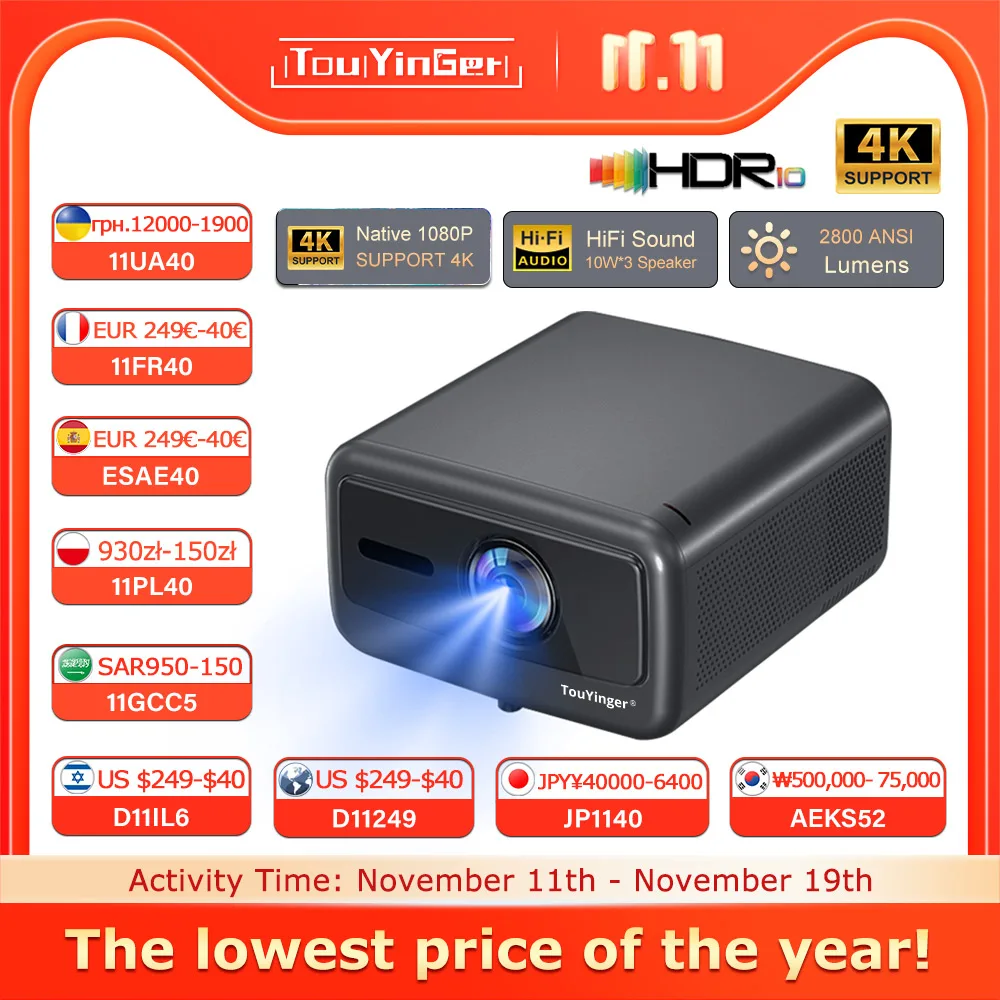 Touyinger Q12W PRO Full HD 1080P Projector 4K 2800 ANSI Android 12 Cinema Beam Projector for Home Education Conference Video