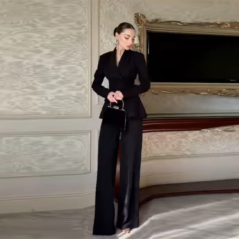 Women's New Wide Shoulder Narrow Waist Jacket Set Beaded Double Breasted Peplum Jacket High Waisted Wide Leg Pants Casual Suit