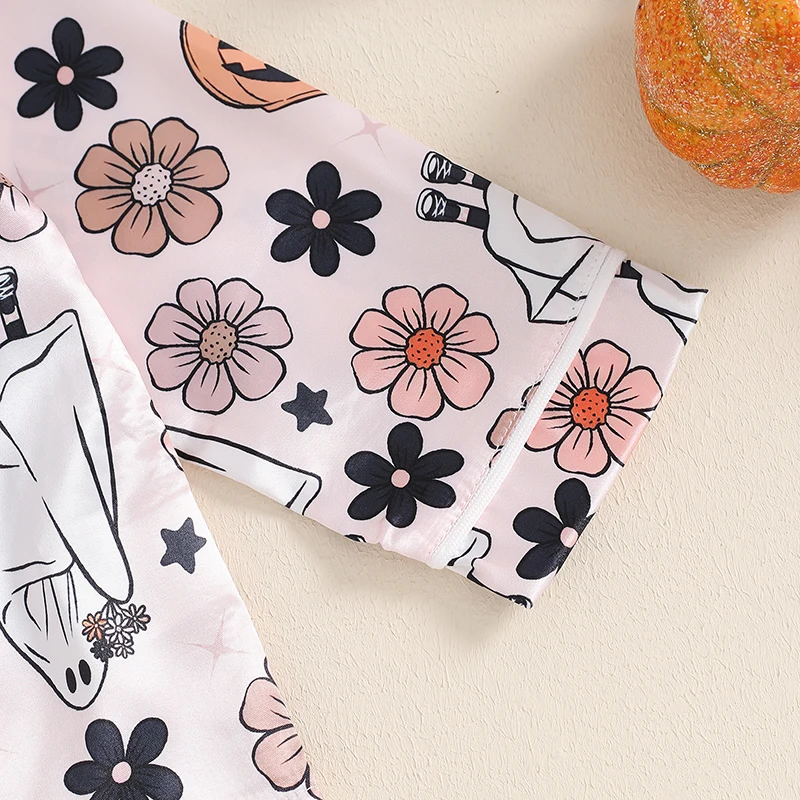 Kids Halloween Pajamas Toddler Baby Girl Pumpkin Ghost Button Down Shirt Pants Sleepwear Loungewear Satin PJs Set