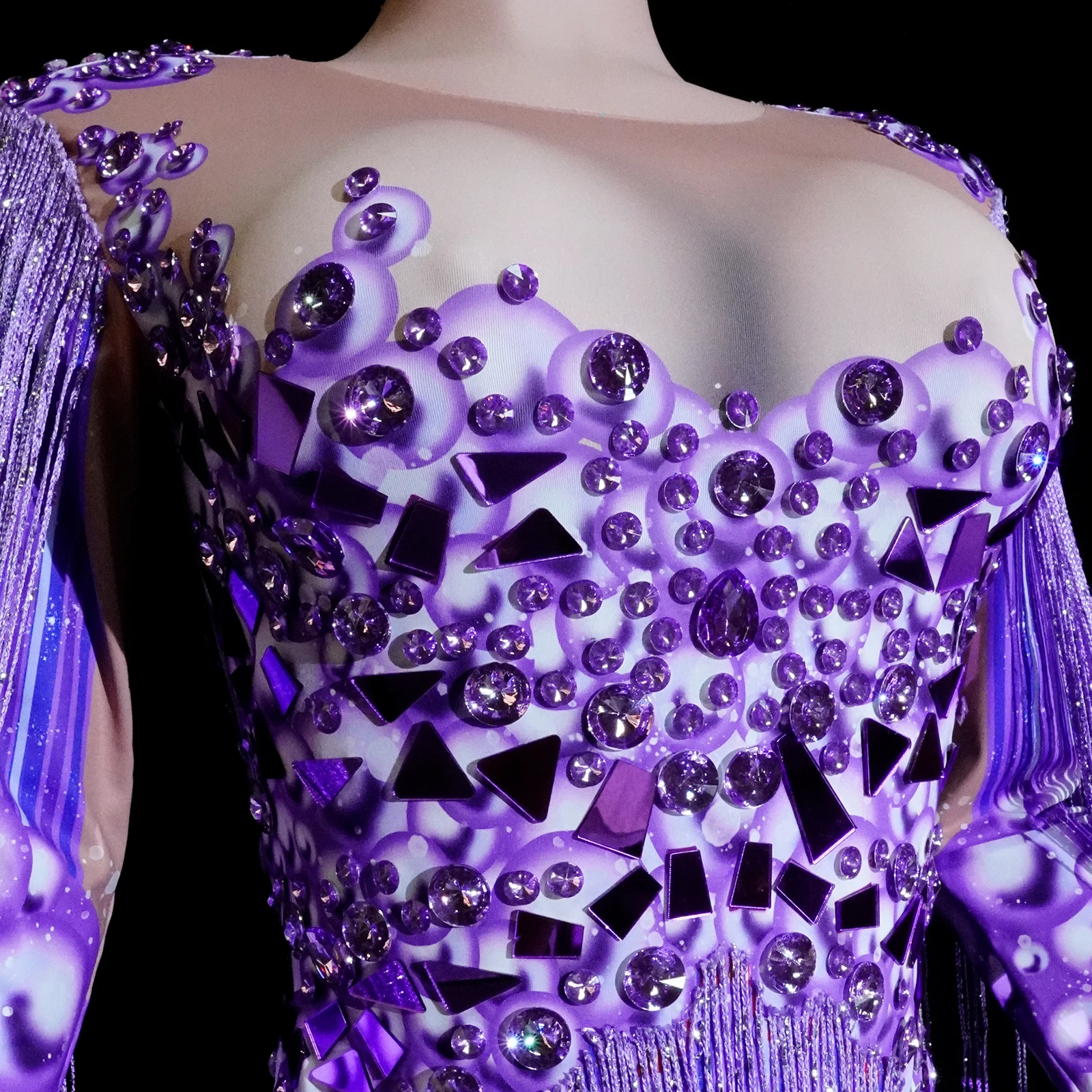 اسحب الملكة ارتداءها الأرجواني حجر الراين هامش مثير المرحلة أداء امرأة زي جوجو الزي المغني الملابس القطب الرقص عيد ميلاد #6