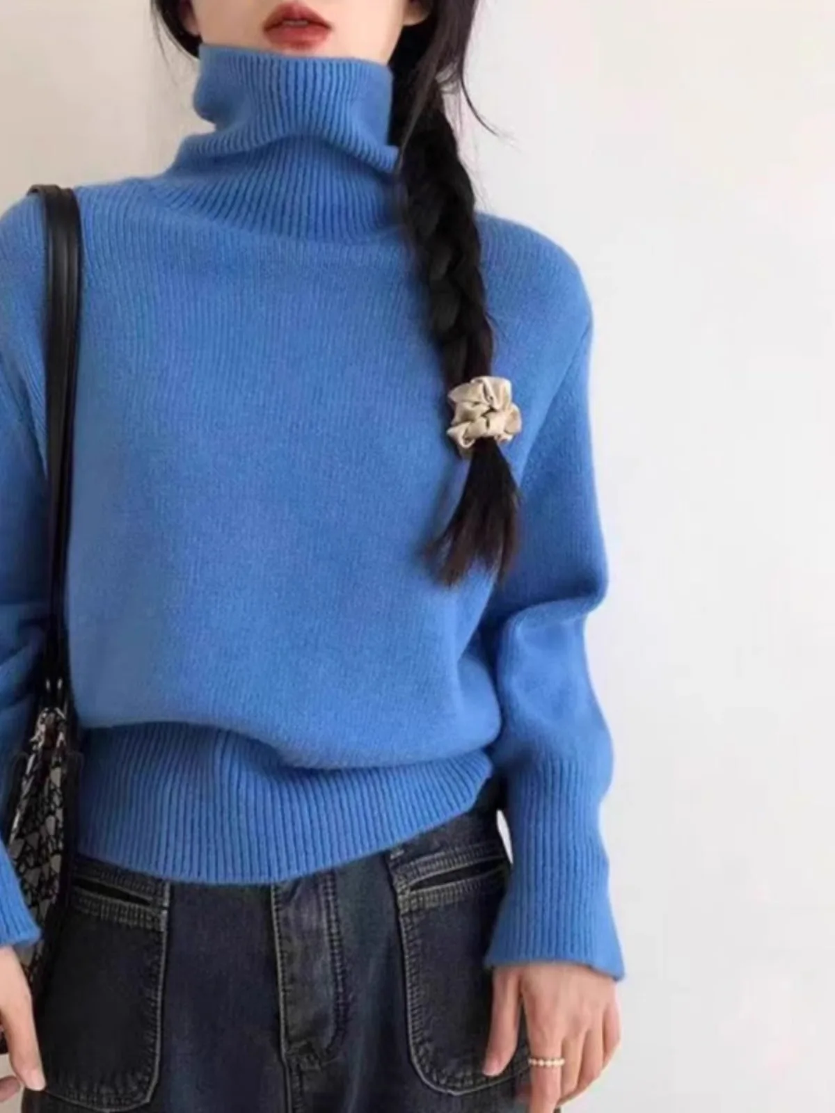 2024 autumn and winter new 100% pure cashmere sweater women\'s turtleneck sleeved thick pullover sweater wool knit base shirt