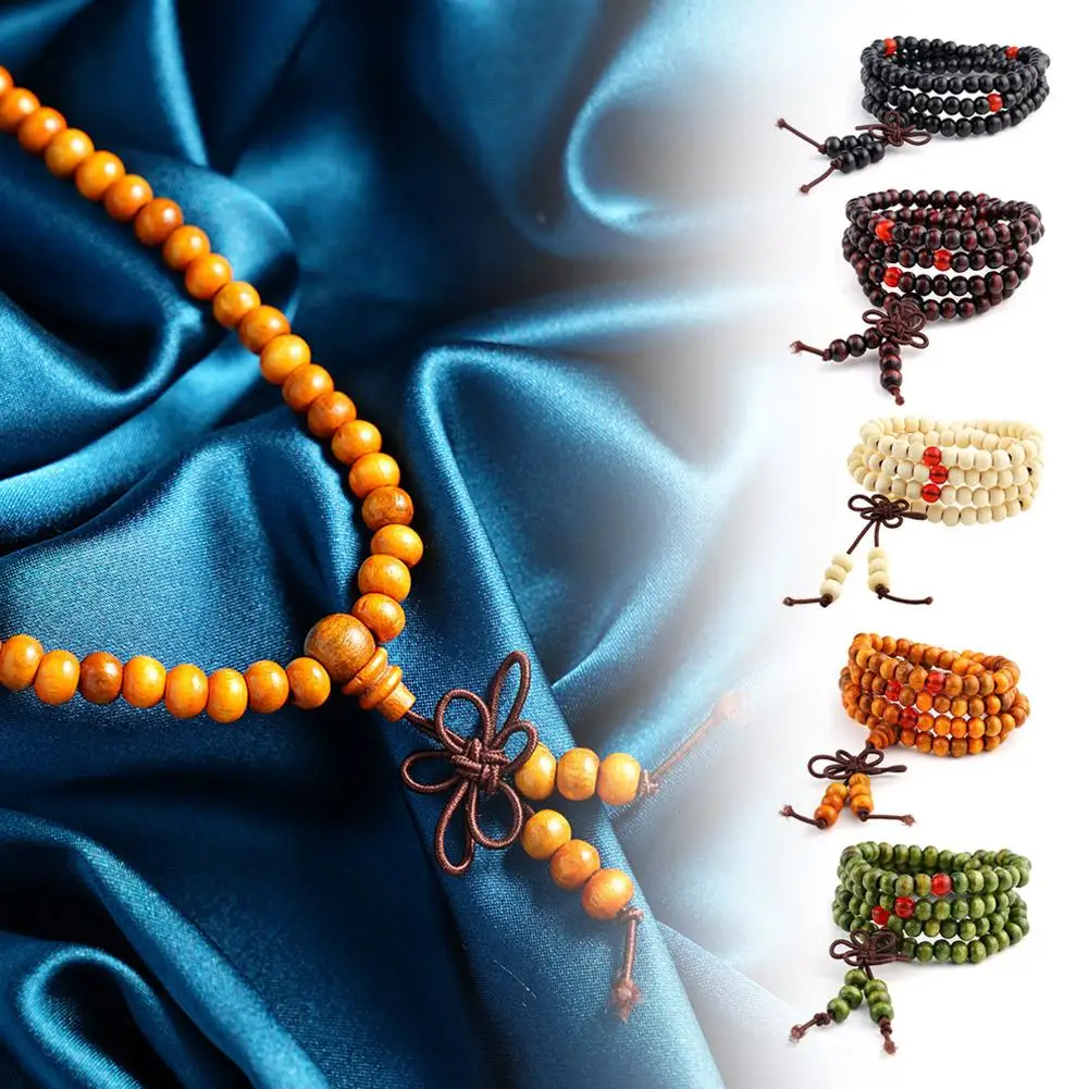 Chinese Style Small Leaf Red Sandalwood Buddhist Beads String Necklace Multilayer Lacquer Women Men Rosary Bracelet Beads Knot