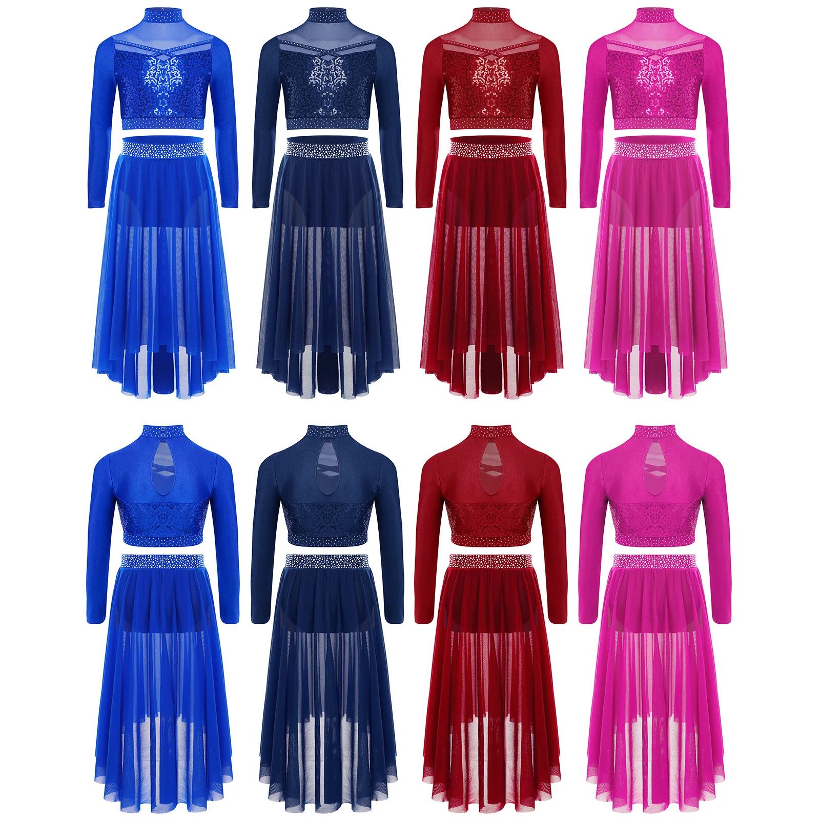 Kids Girls Lyrical Dance Costume Shiny Rhinestone Crop Top with Mesh Skirt for Figure Skating Gymnastics Acrobatics Modern Dance