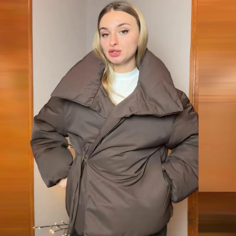 HXAO Lichtgewicht gewatteerde jassen Dames winterjas Crop Veterjas Bruin Gewatteerde jas met lange mouwen Chique Verwarming Outerwears