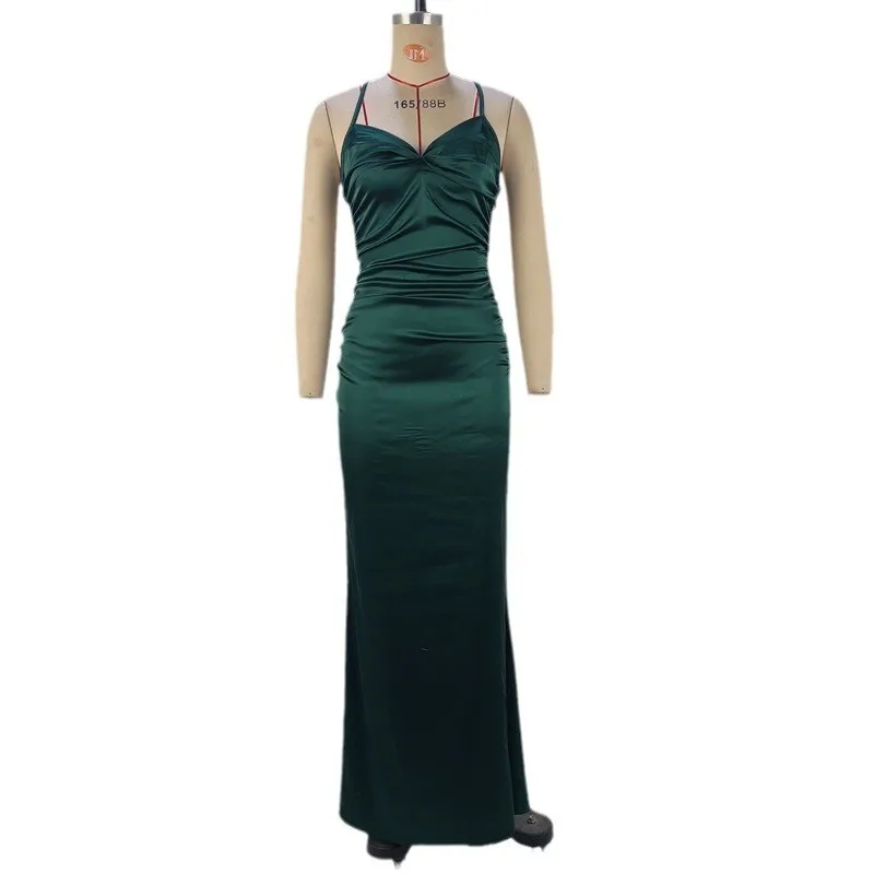 Elegant Party Dress For Woman Evening Long V Neck Sleeveless High Waist Spaghetti Strap Ruched Green Maxi Dress On Clearance view 5