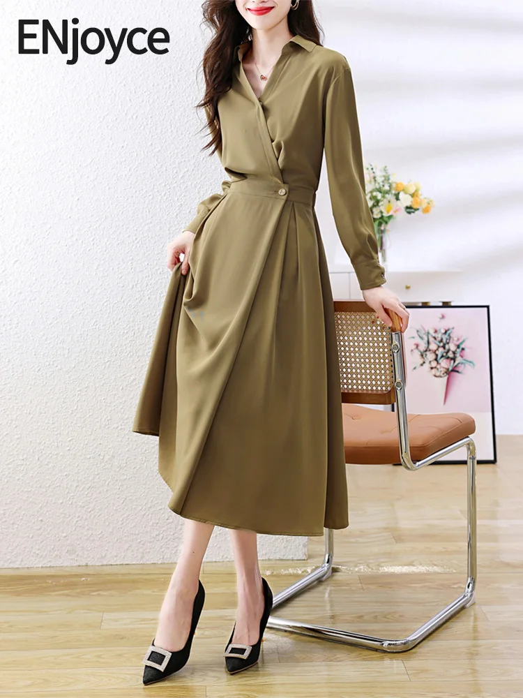 

2024 Spring Women Elegant Vintage Lapel V-Neck Long Dress Korean Style Ladies Workwear Long Sleeve Midi Dresses Green/Black