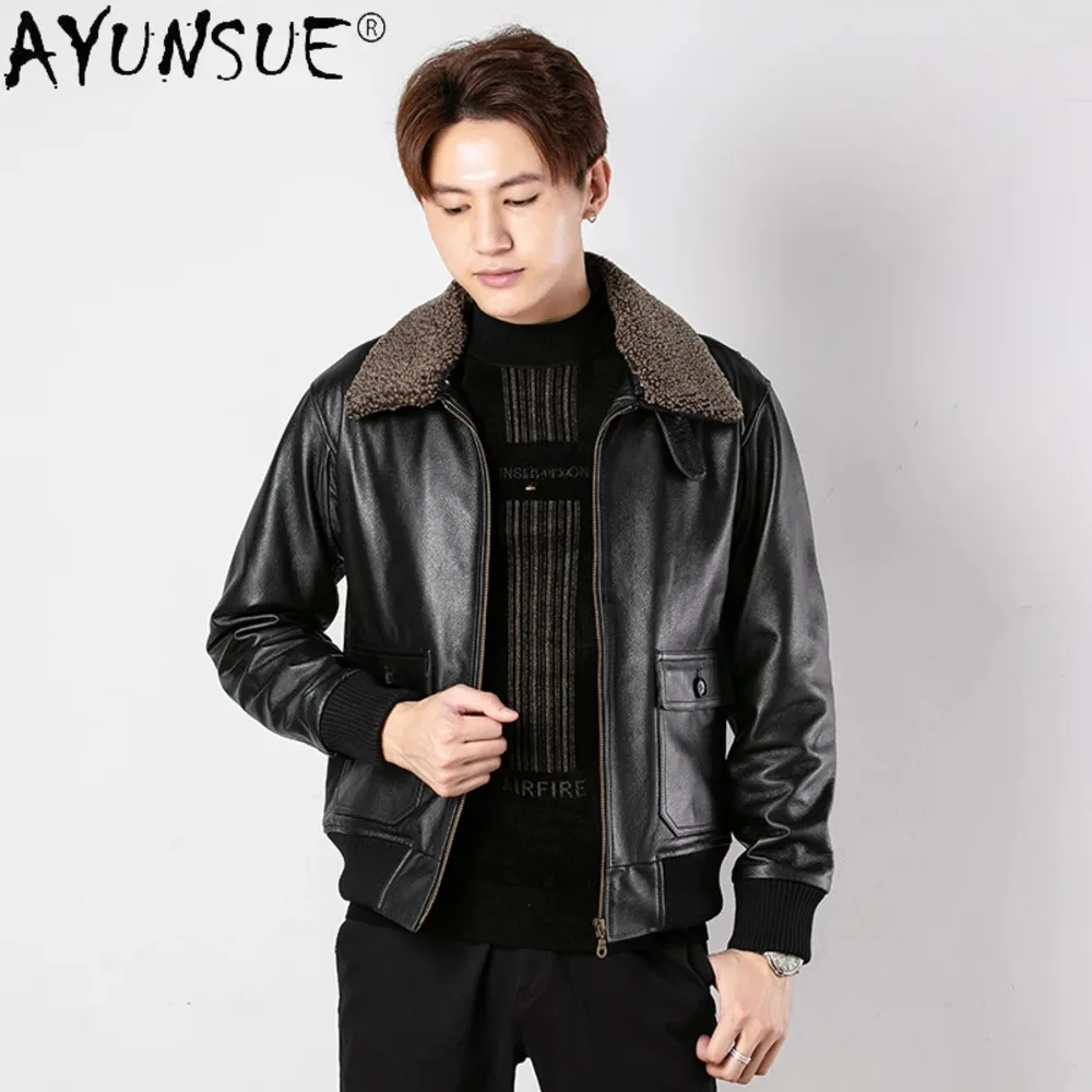 Real AYUNSUE Cow Jacket for Men Autumn Winter Genuine Cowhide Coat Wool Collar Motorcycle Leather Jackets Flight Suit