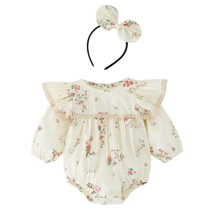 Spring 2024 ins baby girl rompers lace flower printed loose infant girls jumpsuit ruched long flying sleeve toddler girls dress