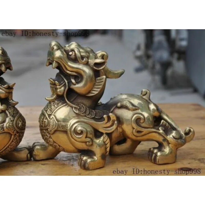 China Fengshui brass Wealth Money Guardian Beast Unicorn Kylin PiXiu Statue Pair