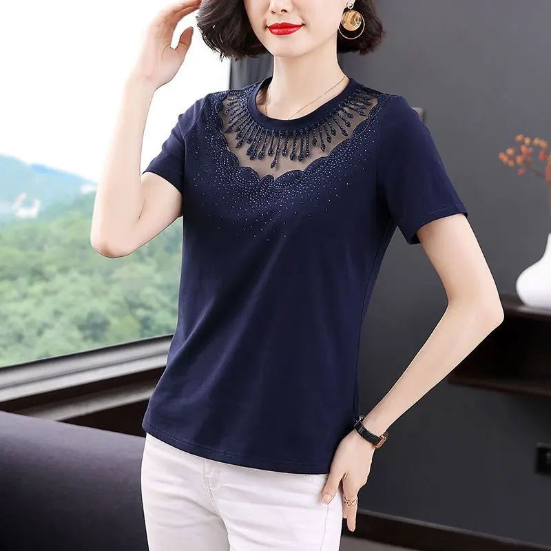 Female Clothing Stylish Diamonds T-shirt Embroidery Sexy Gauze Hollow Out Spliced Summer Casual Short Sleeve Straight Pullovers