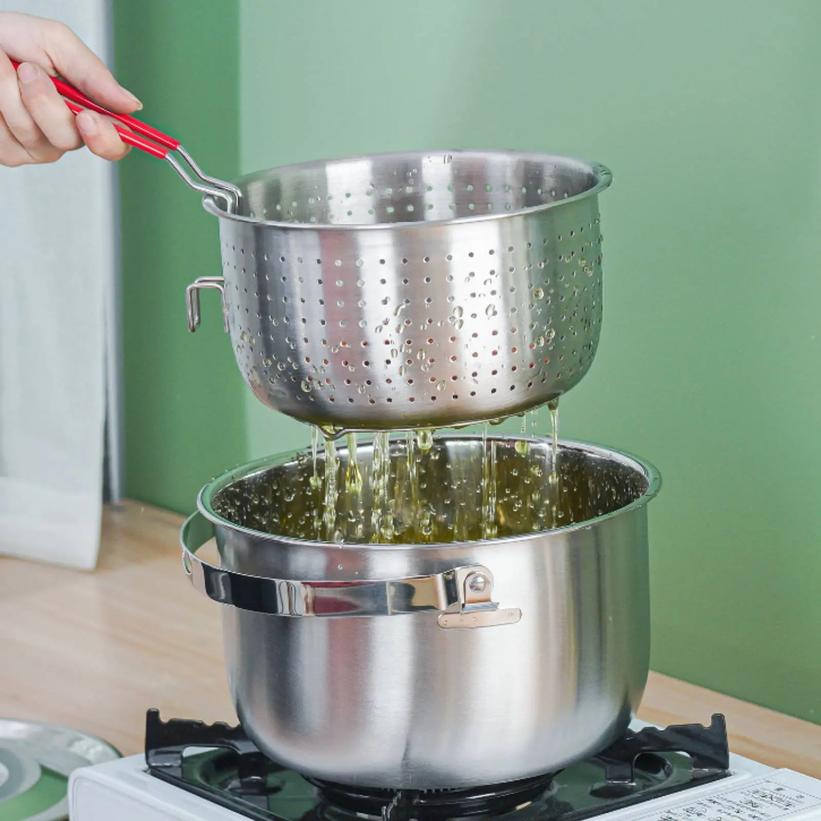 Stainless Steel Deep Fryer Pot Heat Insulated Frying Pot with Strainer Basket Small Deep Fryer Set Multifunctional for Camping