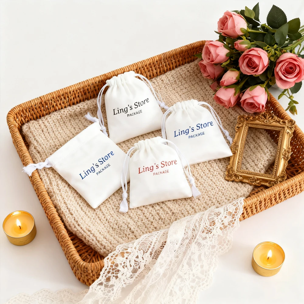 

50pcs White Luxury Silk Satin Jewelry Bag Drawstring Gift Pouch Shopping Travel Cosmetic Cloth Phone Packaging Organizer Pocket