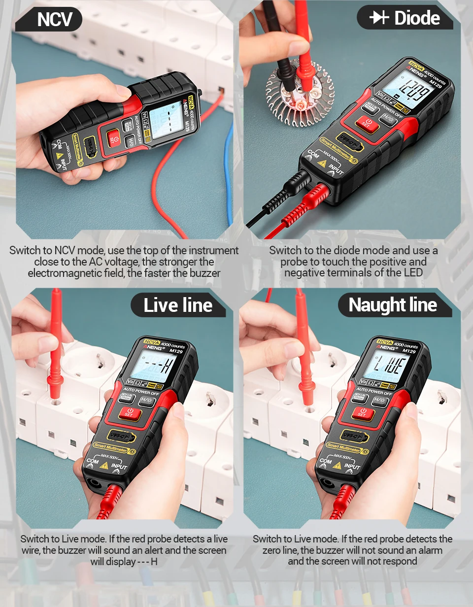 ANENG M129 Wiederaufladbares Digitales Multimeter 4000 Anzeigen NCV AC DC Spannungs- und Widerstandsmessgerät mit Taschenlampe und Auto-Range-Funktion – Detail 14