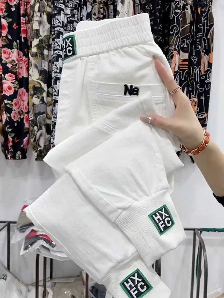 New Arrival autumn Korea Fashion Women Elastic Waist Loose White Jeans All-matched Casual Cotton Denim Harem Pants M-4XL