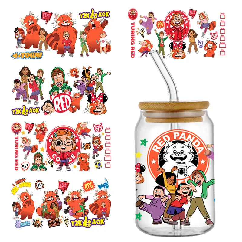 Disney Turning Red Cartoon UV DTF Cup Wraps Transfer Sticker For 16OZ Glass Libbey Can Bottle Selfadhesive Washable DIY Custom