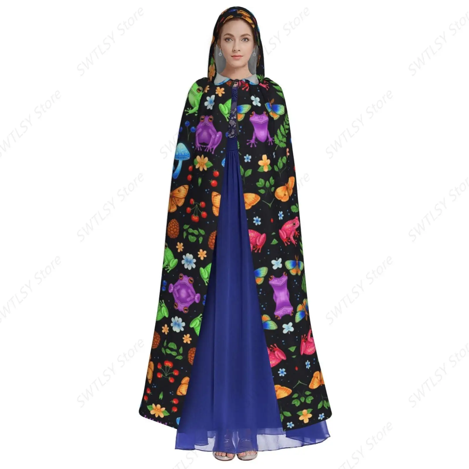 Adult Goth Moon Frogs Moth Magical Mushroom Leaves Full Long Hoodie Dress Cloak for Halloween Role Cosplay, Mysterious Robe